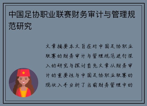 中国足协职业联赛财务审计与管理规范研究 中国足协职业联赛财务审计与管理规范研究