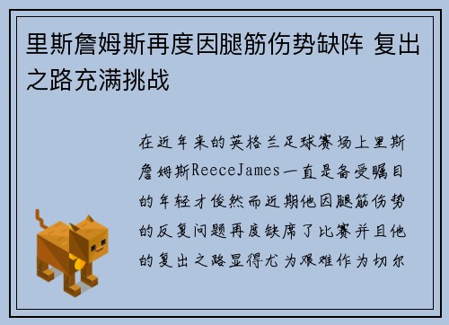 里斯詹姆斯再度因腿筋伤势缺阵 复出之路充满挑战 里斯詹姆斯再度因腿筋伤势缺阵 复出之路充满挑战