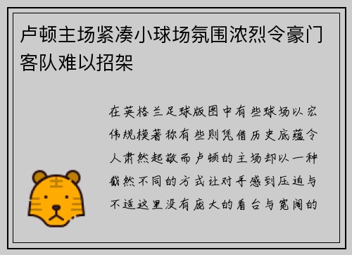 卢顿主场紧凑小球场氛围浓烈令豪门客队难以招架 卢顿主场紧凑小球场氛围浓烈令豪门客队难以招架